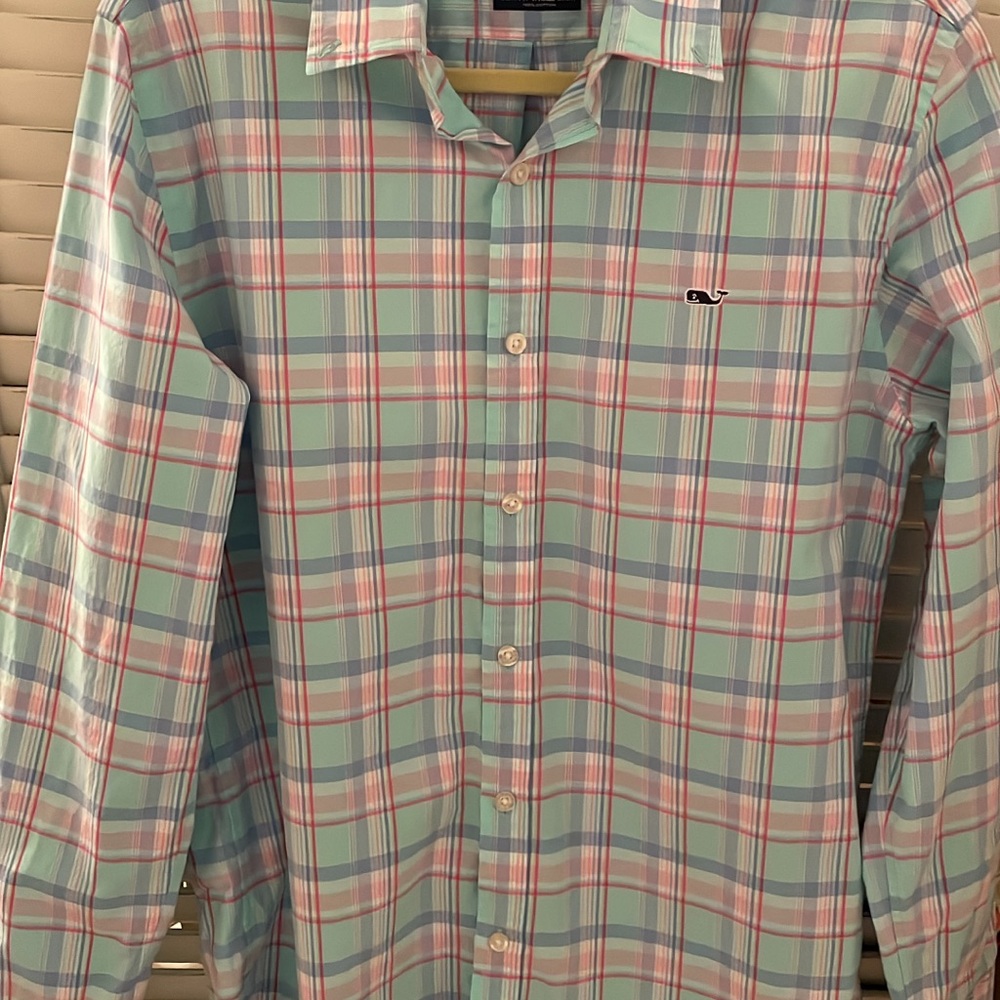 Vineyard Vines Men's Pastel Plaid Shirt Medium Blue Mint Pink Slim Fit Whale